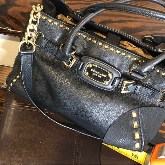 MICHAEL KORS Metal Woven Tumbled Black Leather Crossbody Satchel - Picture 11 of 14